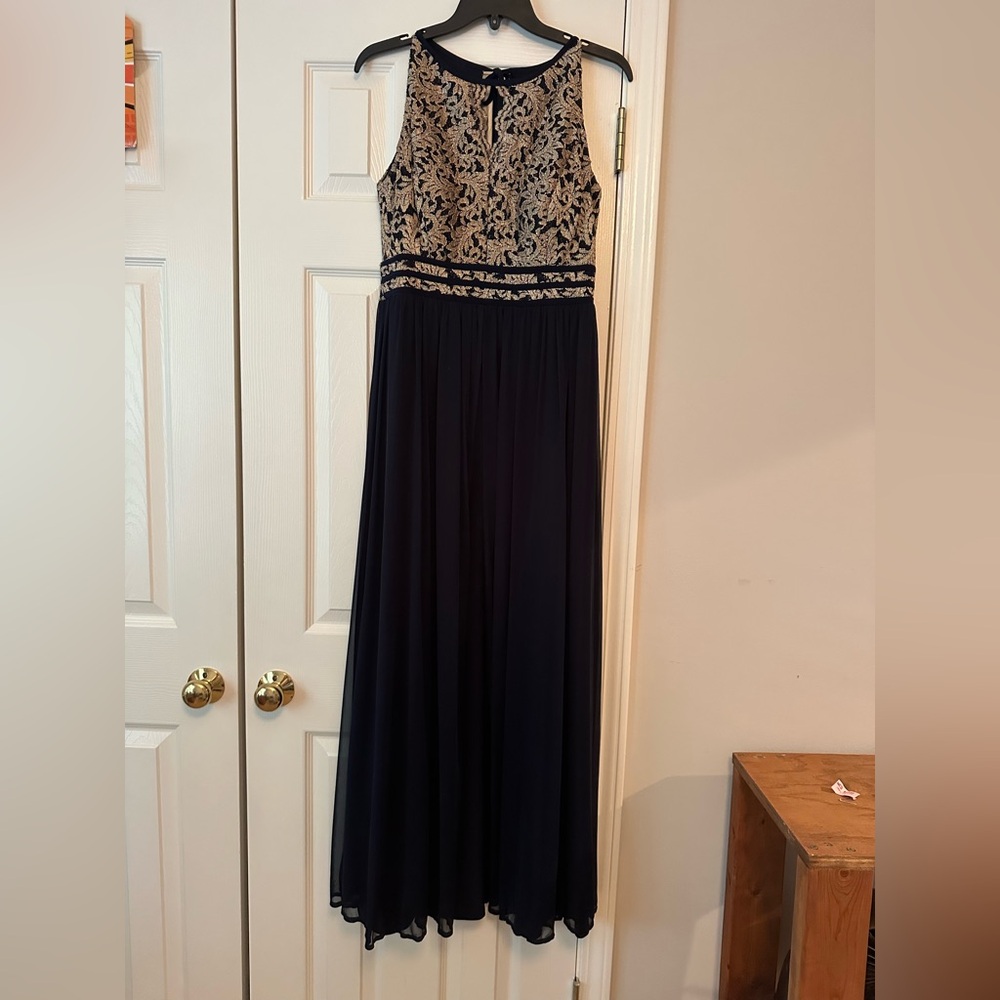 R&M Richards Midnight Blue Gown with Metallic Details